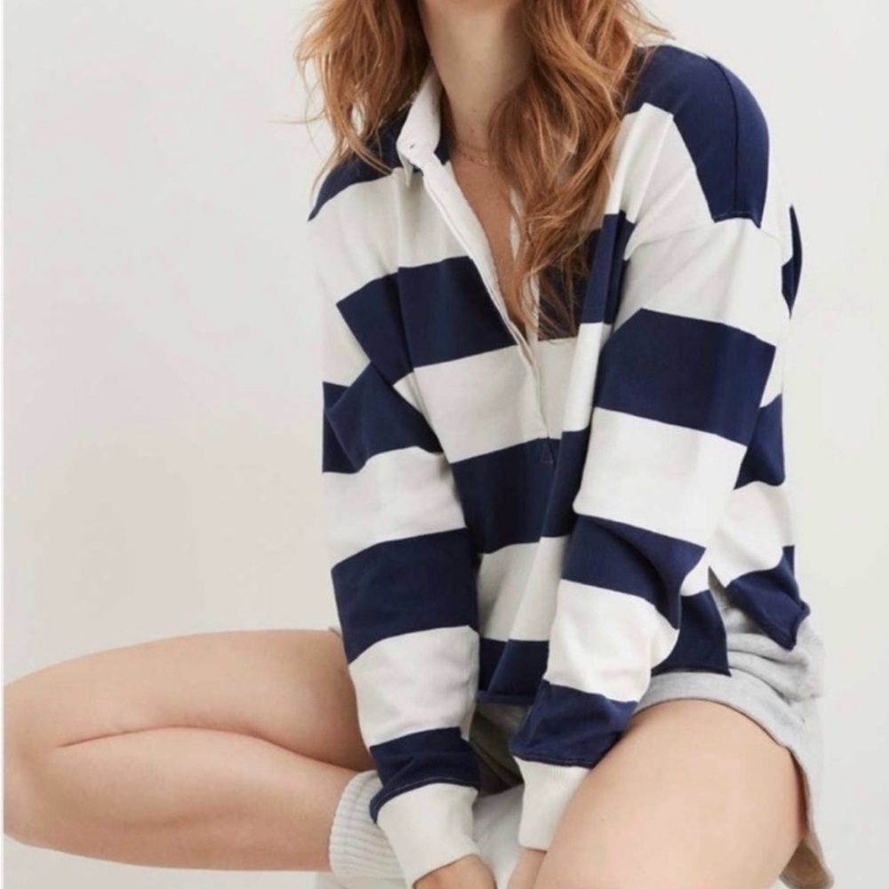 Aerie Oversized Navy White Rugby Stripe Oversized Boxy Pullover Large